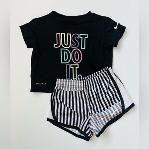 Nike Black Tee with Multicolor Print and Striped Shorts
